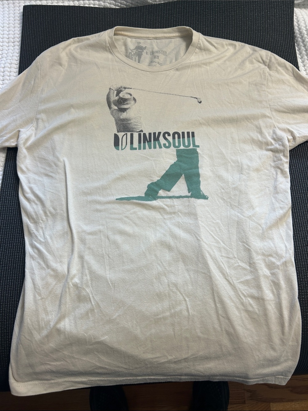 Linksoul Men's Cream Short-Sleeve Golf Graphic Tee with Teal Print